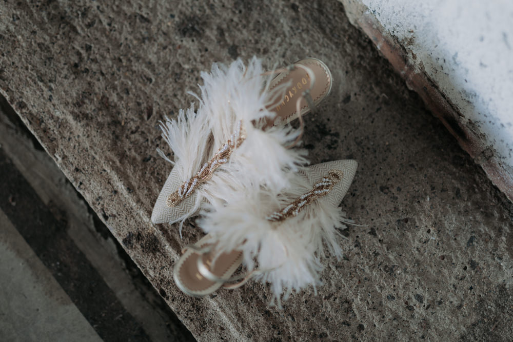 Bride Bridal Shoes Heels Feathers Industrial Luxe Wedding Ideas Balloon Installation Ayelle Photography