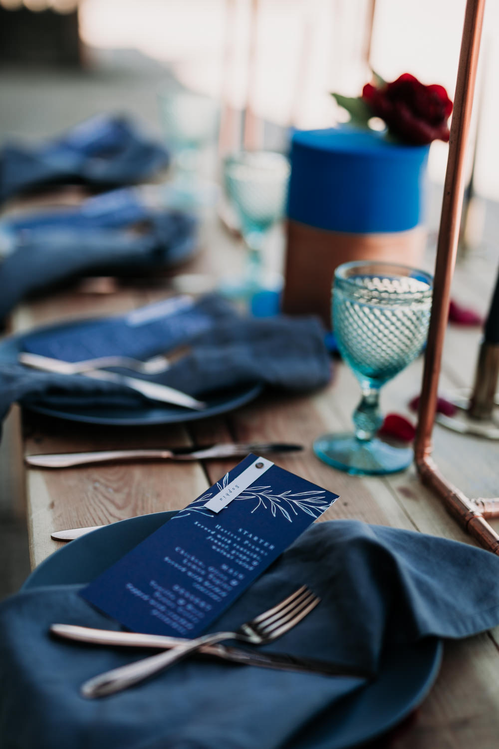 Linen Napkins Navy Blue Stationery Menu Place Setting Copper Industrial Luxe Wedding Ideas Balloon Installation Ayelle Photography