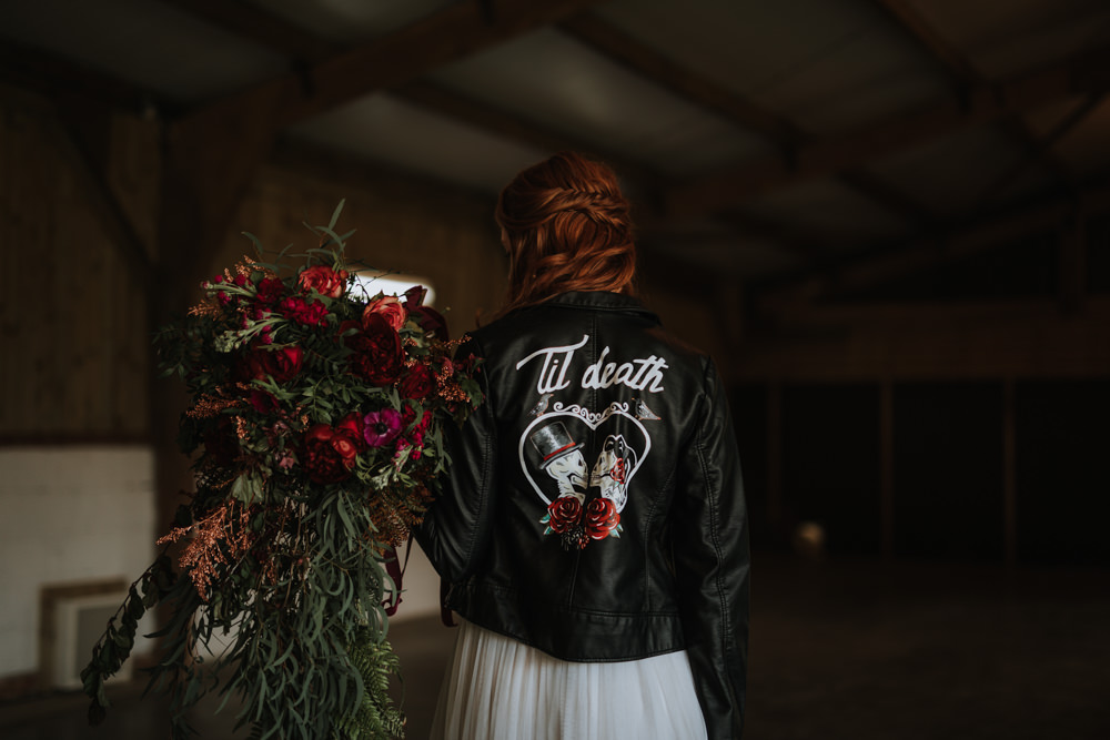 Leather Jacket Accessory Bride Bridal Painted Personalised Illustrated Industrial Luxe Wedding Ideas Balloon Installation Ayelle Photography