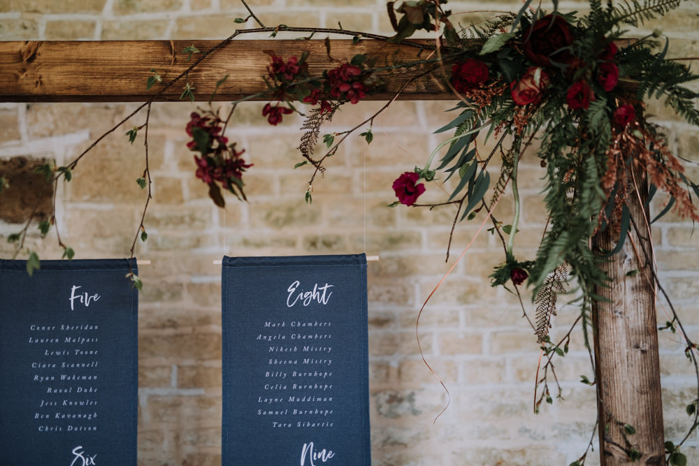 Seating Plan Seating Chart Navy Blue Frame Wooden Flowers Suspended Hanging Banner Scroll Industrial Luxe Wedding Ideas Balloon Installation Ayelle Photography