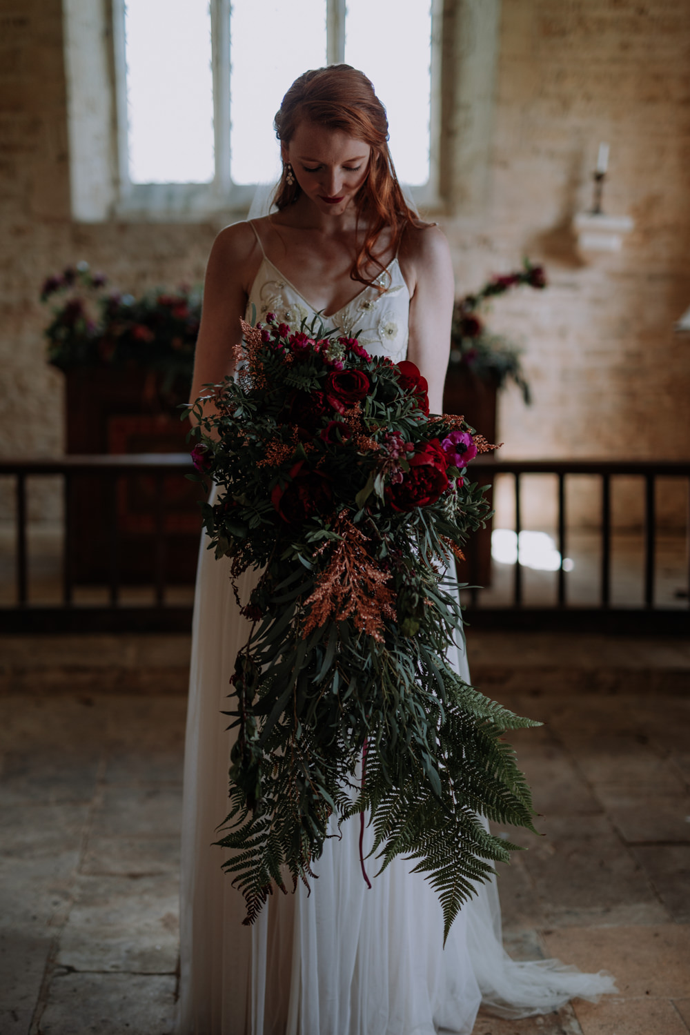 Bouquet Flowers Bride Bridal Large Cascading Oversized Greenery Foliage Burgundy Peony Peonies Ferns Industrial Luxe Wedding Ideas Balloon Installation Ayelle Photography