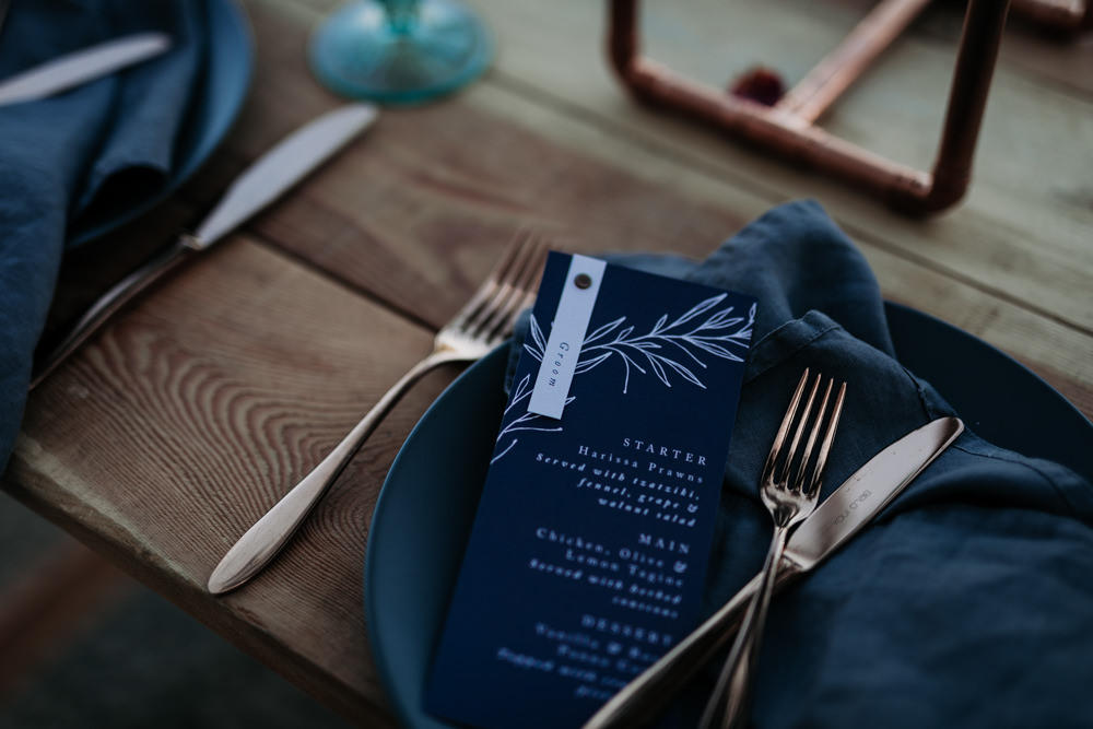 Linen Napkins Navy Blue Stationery Menu Place Setting Copper Cutlery Industrial Luxe Wedding Ideas Balloon Installation Ayelle Photography