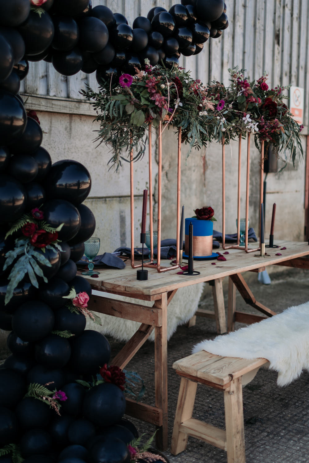 Table Set Up Tablescape Decor Suspended Flowers Copper Navy Blue Magenta Industrial Luxe Wedding Ideas Balloon Installation Ayelle Photography