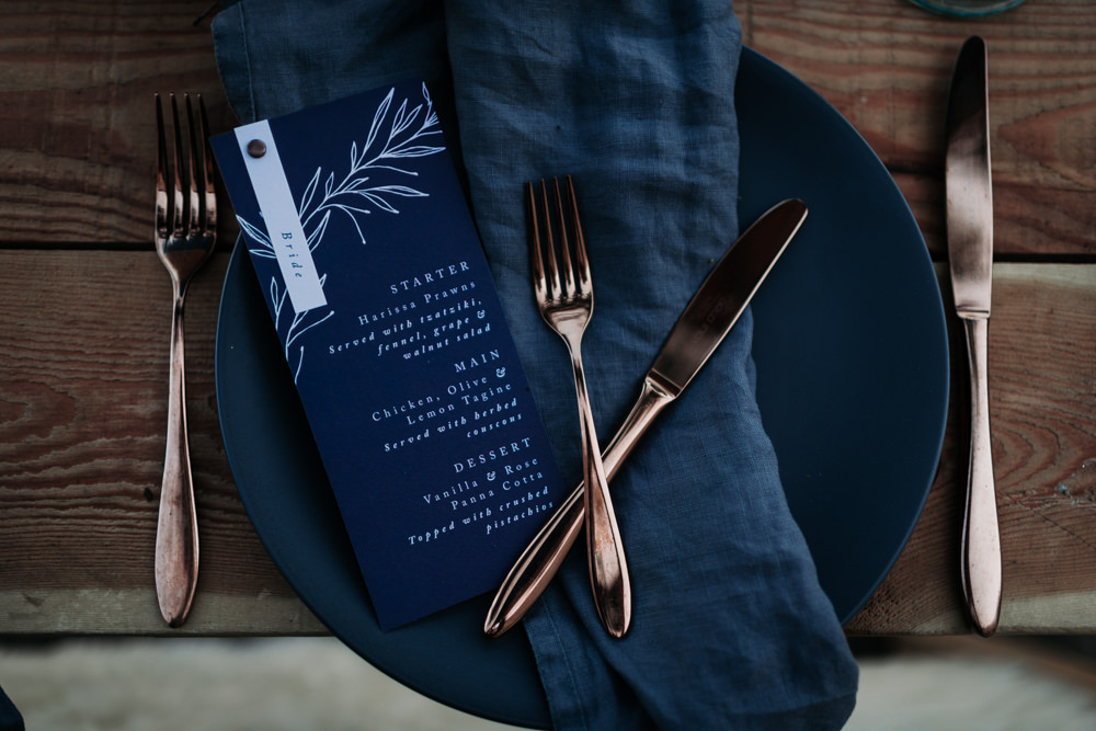 Linen Napkins Navy Blue Stationery Menu Place Setting Copper Cutlery Industrial Luxe Wedding Ideas Balloon Installation Ayelle Photography