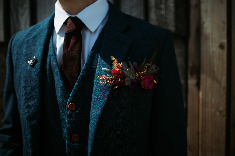 Groom Suit Style Navy Three Piece Burgundy Tie Pin Buttonhole Industrial Luxe Wedding Ideas Balloon Installation Ayelle Photography