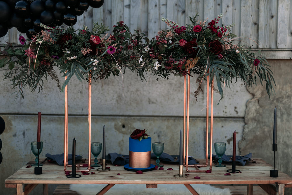 Table Set Up Tablescape Decor Suspended Flowers Copper Navy Blue Magenta Industrial Luxe Wedding Ideas Balloon Installation Ayelle Photography