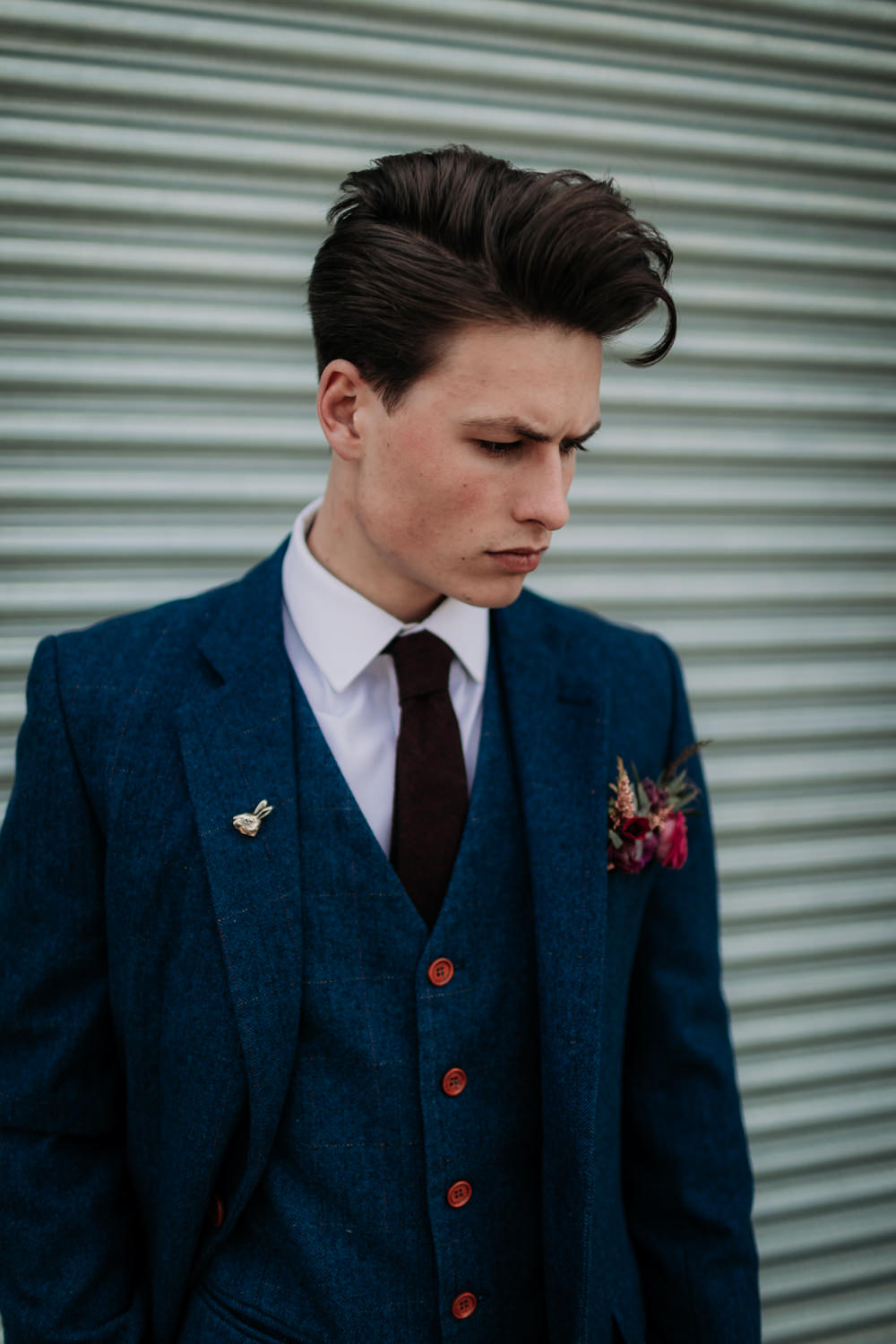 Groom Suit Style Navy Three Piece Burgundy Tie Pin Industrial Luxe Wedding Ideas Balloon Installation Ayelle Photography