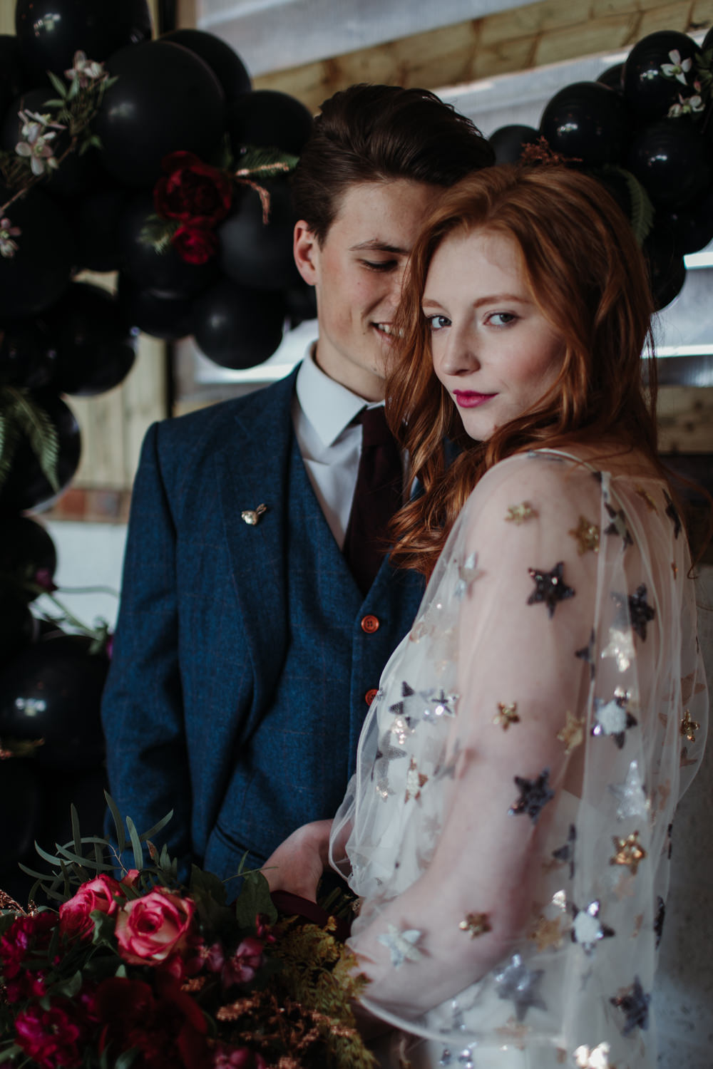 Bride Bridal Dress Gown Cape Stars Celestial Starry Industrial Luxe Wedding Ideas Balloon Installation Ayelle Photography
