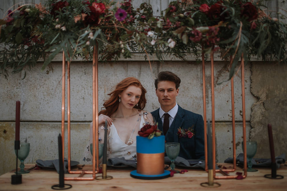 Table Set Up Tablescape Decor Suspended Flowers Copper Navy Blue Magenta Industrial Luxe Wedding Ideas Balloon Installation Ayelle Photography
