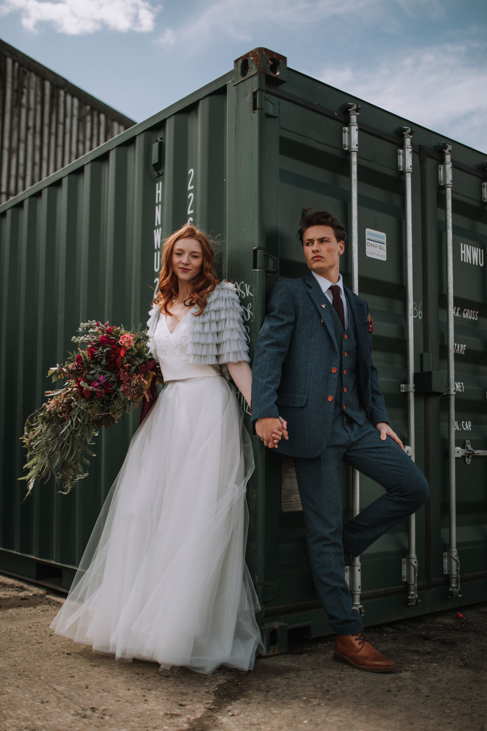 Bride Bridal Dress Gown Two Piece Seperates Skirt Top Tulle Ruffle Cover Up Jacket Grey Industrial Luxe Wedding Ideas Balloon Installation Ayelle Photography