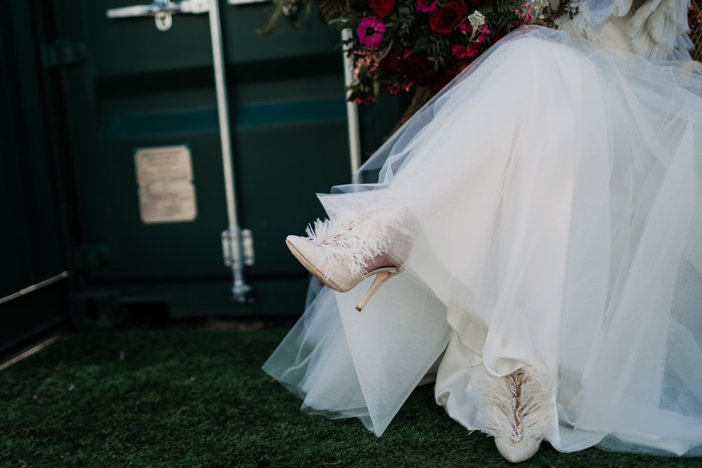 Bride Bridal Feather Heels Shoes Industrial Luxe Wedding Ideas Balloon Installation Ayelle Photography