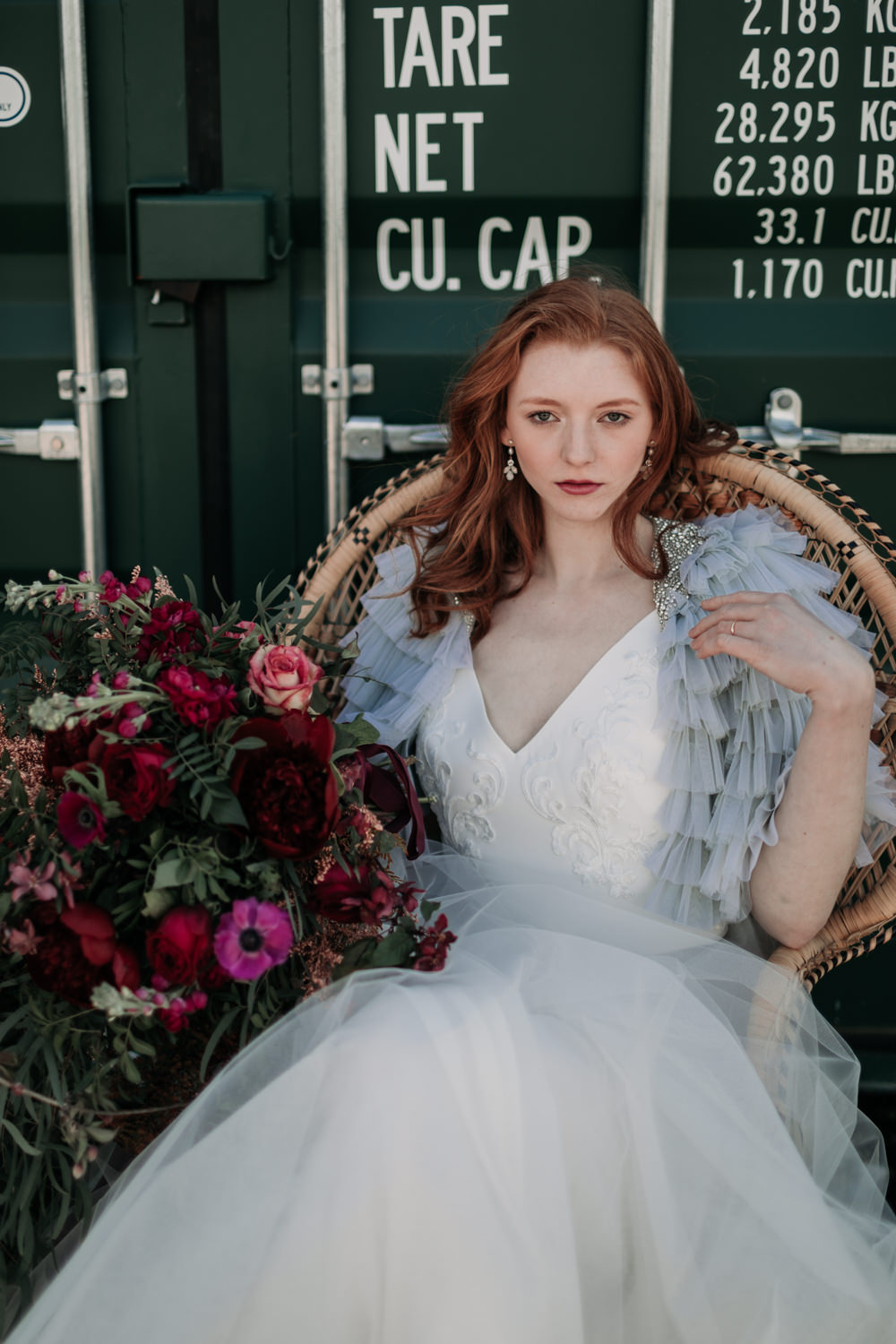 Bride Bridal Dress Gown Two Piece Seperates Skirt Top Tulle Ruffle Cover Up Jacket Grey Industrial Luxe Wedding Ideas Balloon Installation Ayelle Photography