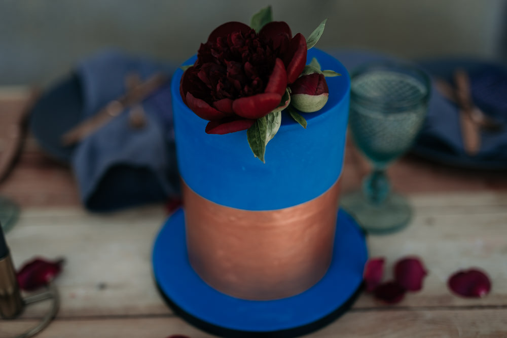 Blue Cake Copper Metallic Red Rose Industrial Luxe Wedding Ideas Balloon Installation Ayelle Photography