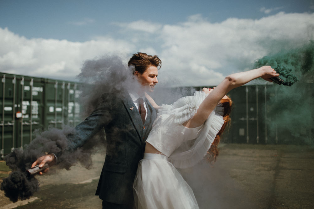 Smoke Bomb Portrait Photos Bride Groom Industrial Luxe Wedding Ideas Balloon Installation Ayelle Photography