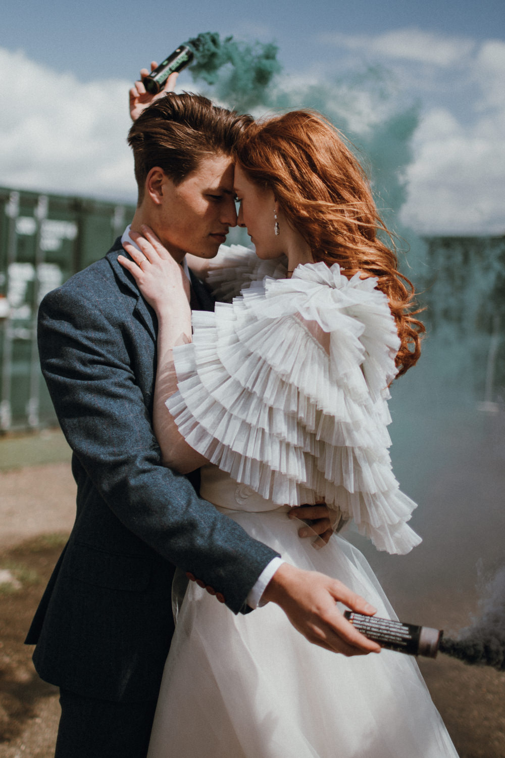 Smoke Bomb Portrait Photos Bride Groom Industrial Luxe Wedding Ideas Balloon Installation Ayelle Photography