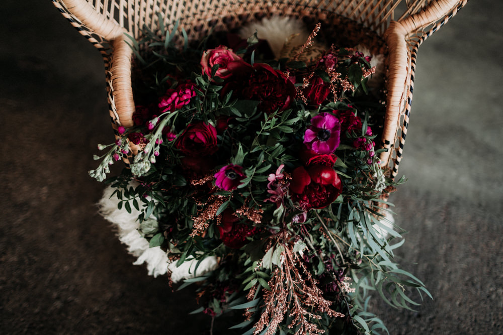 Bouquet Flowers Bride Bridal Large Cascading Oversized Greenery Foliage Burgundy Peony Peonies Ferns Industrial Luxe Wedding Ideas Balloon Installation Ayelle Photography