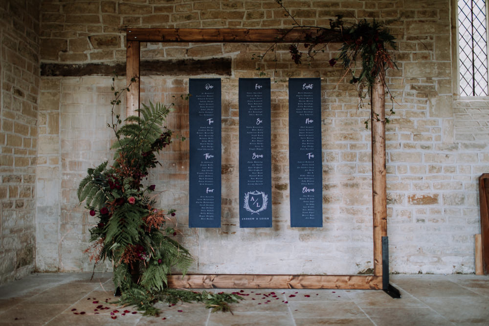 Seating Plan Seating Chart Navy Blue Frame Wooden Flowers Suspended Hanging Banner Scroll Industrial Luxe Wedding Ideas Balloon Installation Ayelle Photography