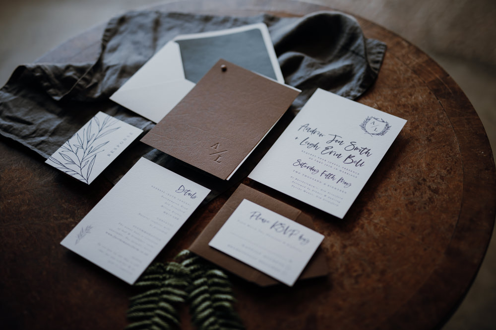 Stationery Invite Invitation Suite Leather Calligraphy Industrial Luxe Wedding Ideas Balloon Installation Ayelle Photography