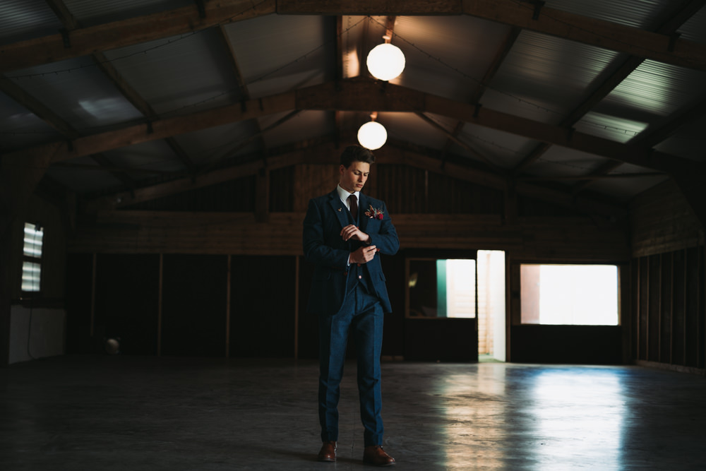 Groom Suit Style Navy Three Piece Burgundy Tie Pin Industrial Luxe Wedding Ideas Balloon Installation Ayelle Photography
