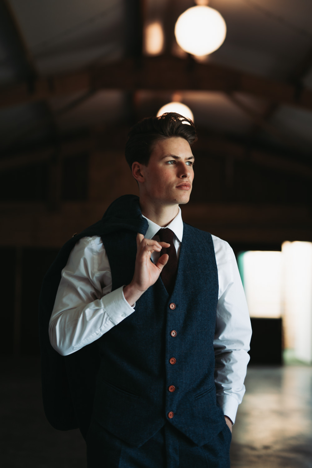 Groom Suit Style Navy Three Piece Burgundy Tie Pin Industrial Luxe Wedding Ideas Balloon Installation Ayelle Photography