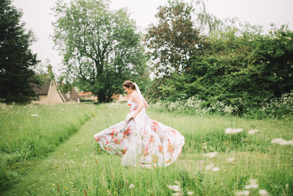 Bride Bridal Dress Gown Floral Flowers Print Pink Strapless Sweetheart Veil Irnham Hall Wedding Lucie Watson Photography