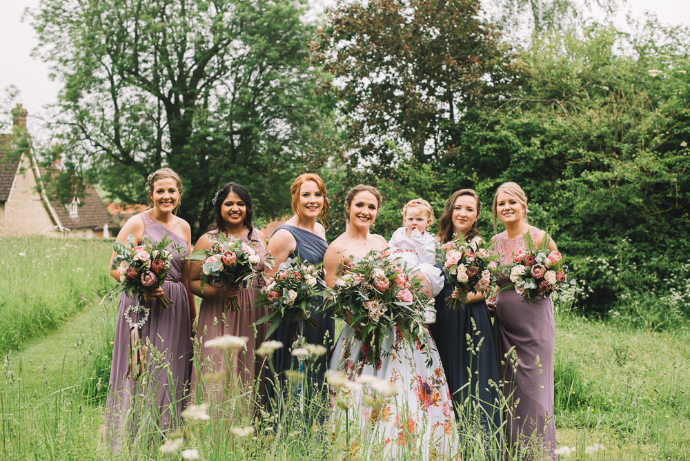 Mismatched Bridesmaid Dresses Long Maxi Bouquets Purple Blue Irnham Hall Wedding Lucie Watson Photography