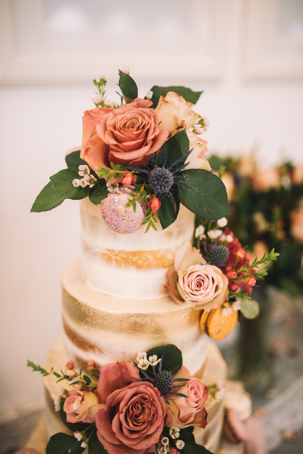 Cake Tall Tiers Gold Buttercream Flowers Macaron Irnham Hall Wedding Lucie Watson Photography