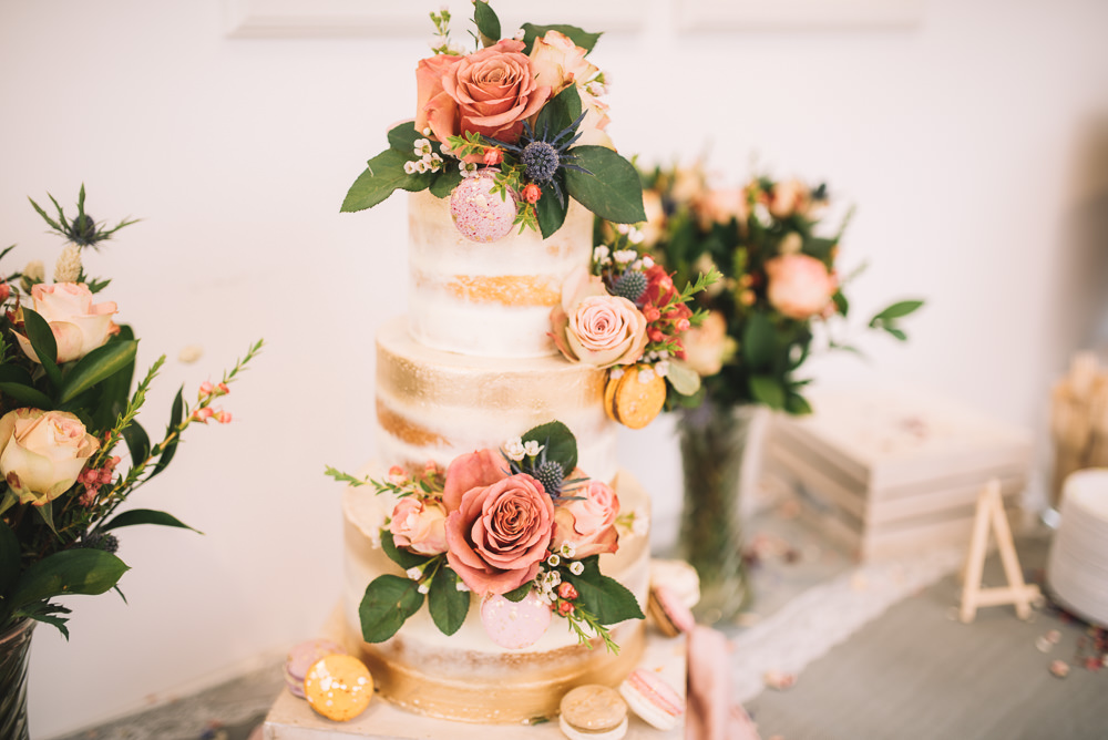 Cake Tall Tiers Gold Buttercream Flowers Macaron Irnham Hall Wedding Lucie Watson Photography