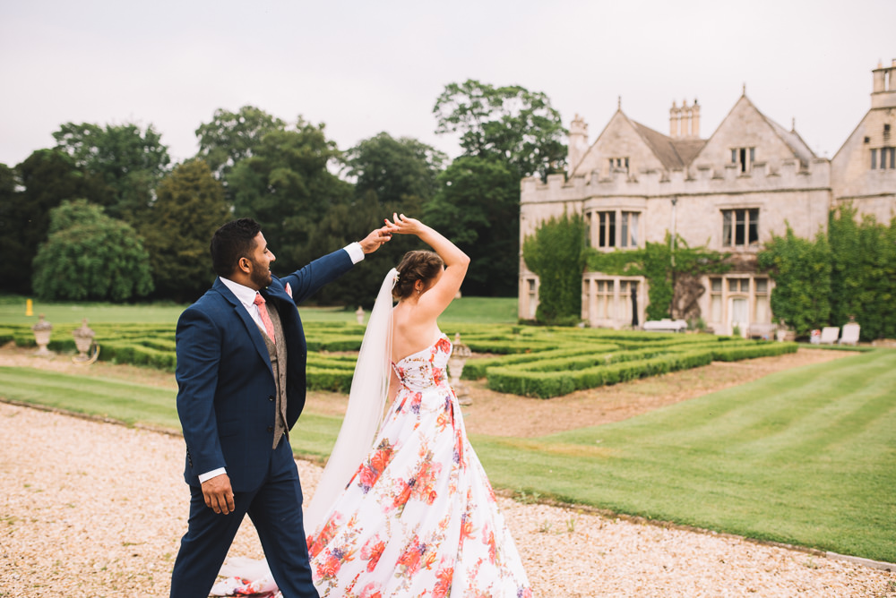 Bride Bridal Dress Gown Floral Flowers Print Pink Strapless Sweetheart Veil Irnham Hall Wedding Lucie Watson Photography