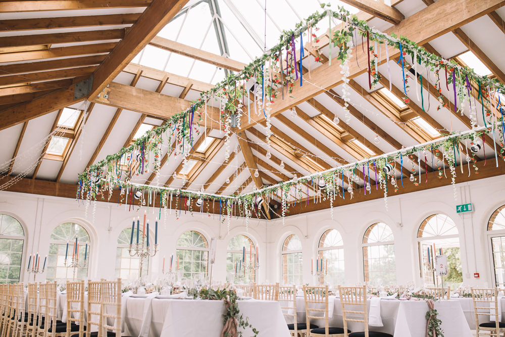 Suspended Hanging Floral Flowers Installation Reception Venue Decor Irnham Hall Wedding Lucie Watson Photography
