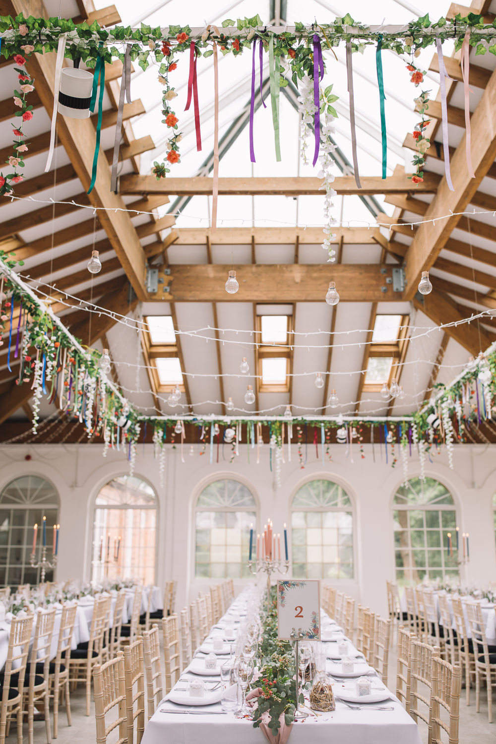 Suspended Hanging Floral Flowers Installation Reception Venue Decor Festoon Lights Irnham Hall Wedding Lucie Watson Photography