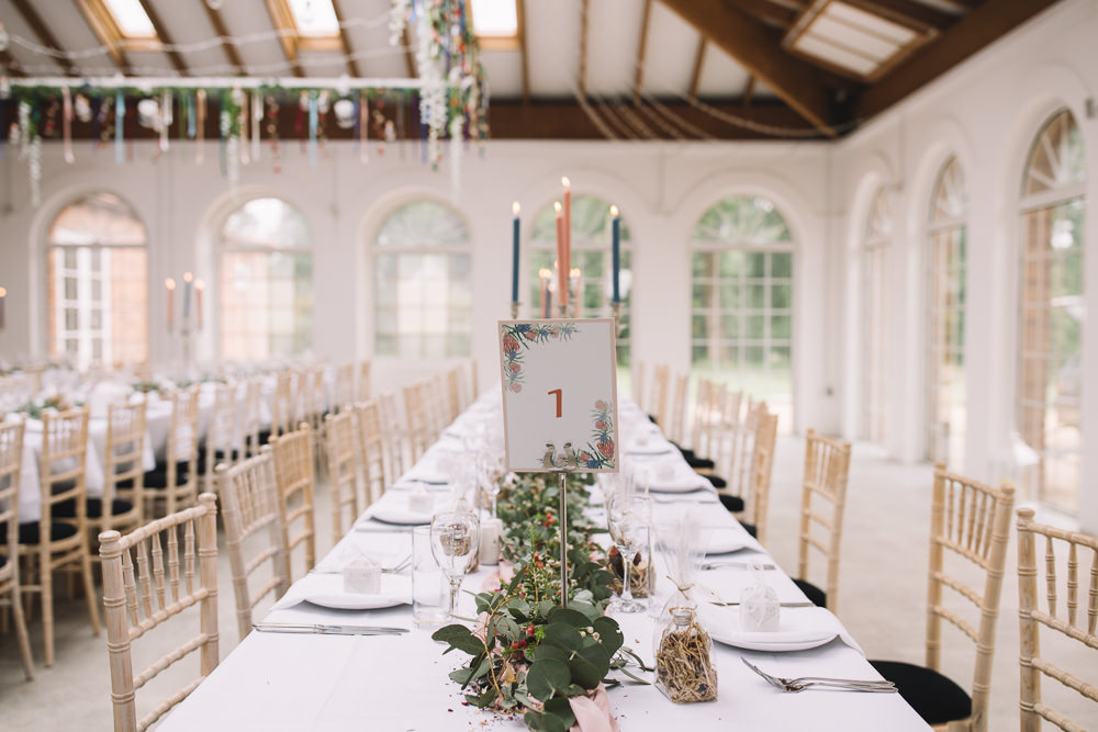 Table Number Garland Greenery Runner Swag Candles Decor Irnham Hall Wedding Lucie Watson Photography