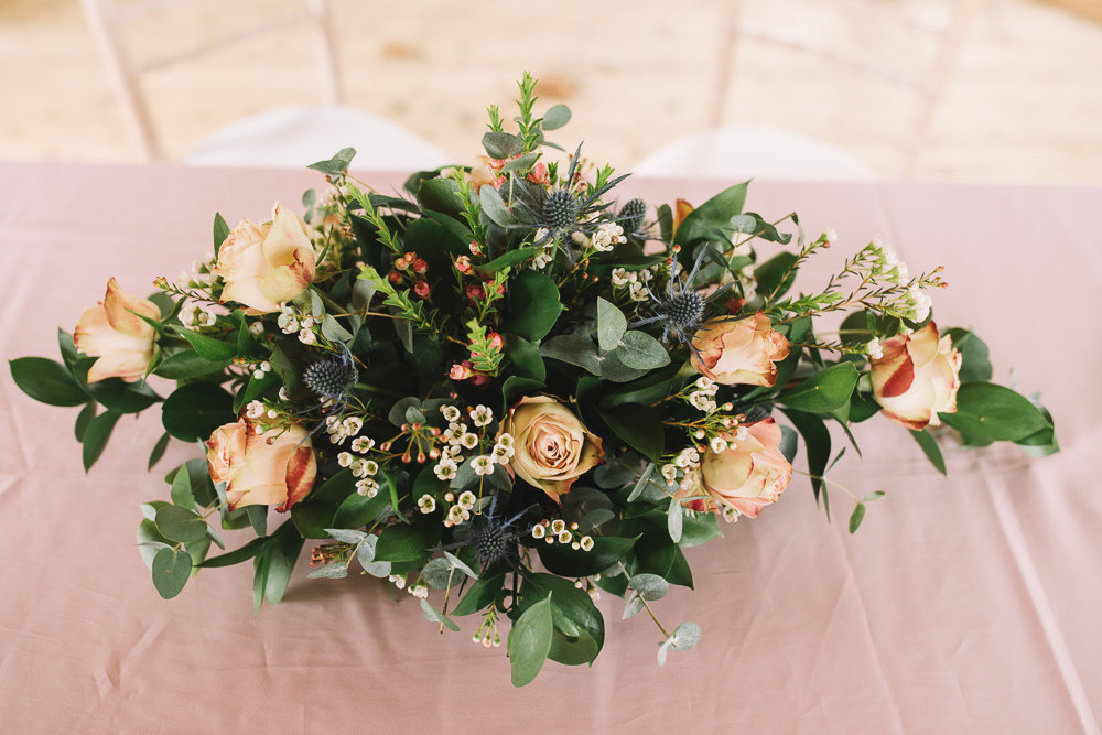 Top Table Flower Arrangement Peach Rose Irnham Hall Wedding Lucie Watson Photography