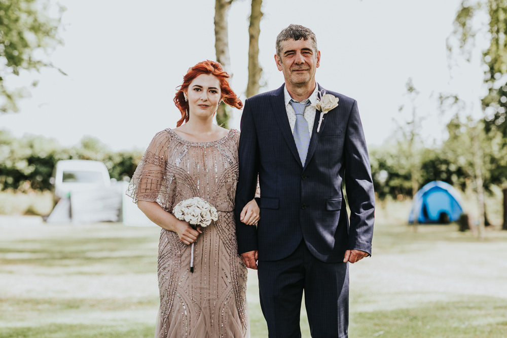Keeper and The Dell Boho Farm Field Marquee DIY Alternative Rustic Outdoor Ceremony Bride Father Sequin Pink Dress Paper Rose Bouquet | Relaxed Outdoor Wedding with 1000 Rainbow Origami Cranes Dan Biggins Photography