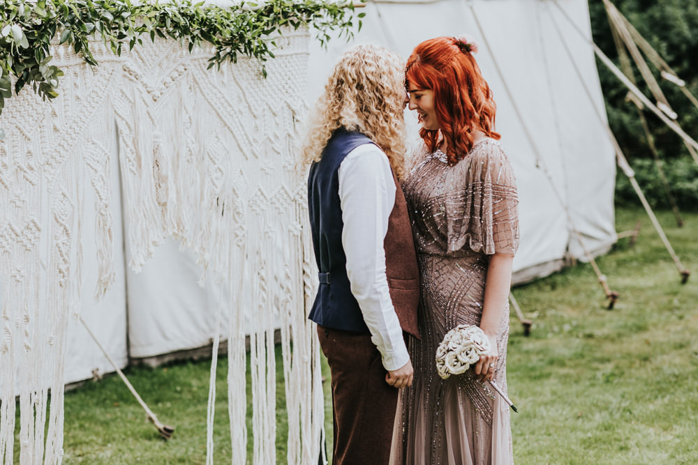 Keeper and The Dell Boho Farm Field Marquee DIY Alternative Rustic Outdoor Ceremony Macrame Ivy Bride Groom Apache Blessing Paper Rose Bouquet | Relaxed Outdoor Wedding with 1000 Rainbow Origami Cranes Dan Biggins Photography