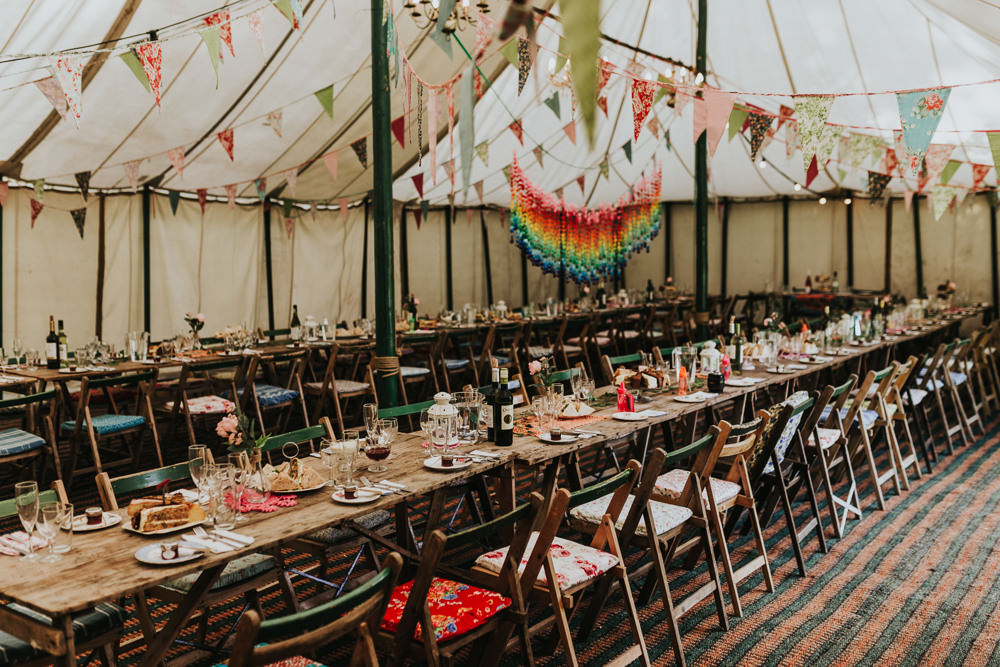 Keeper and The Dell Boho Farm Field Marquee DIY Alternative Rustic Reception Afternoon Tea Rainbow Origami Cranes Bunting | Relaxed Outdoor Wedding with 1000 Rainbow Origami Cranes Dan Biggins Photography