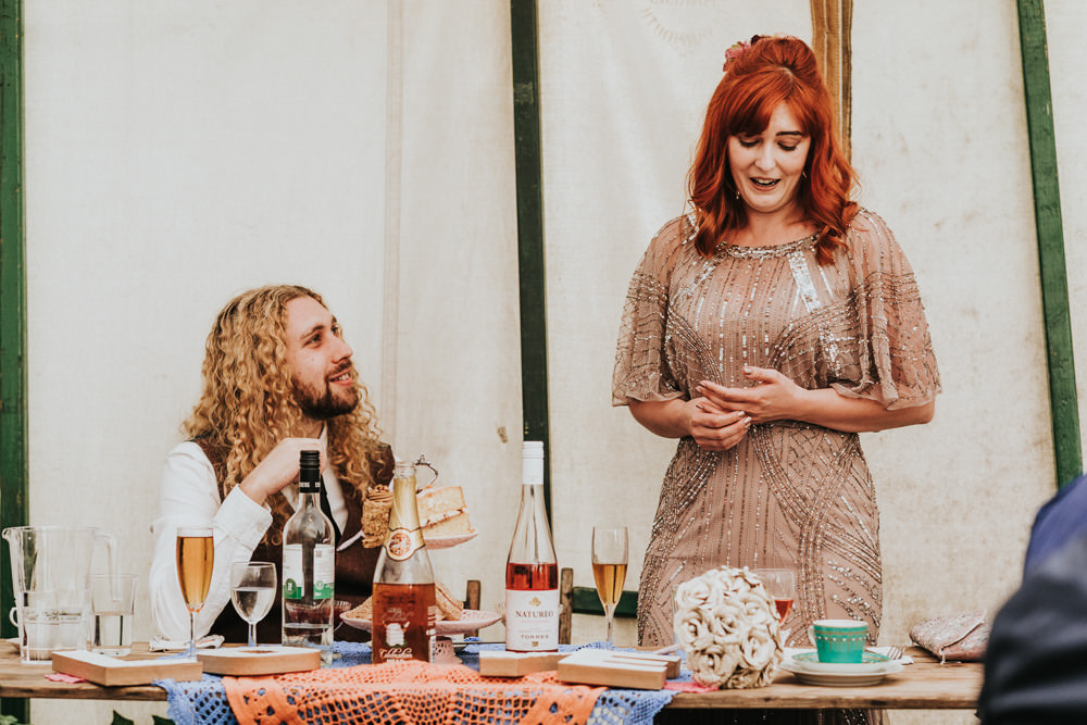 Keeper and The Dell Boho Farm Field Marquee DIY Alternative Rustic Bride Groom Pink Sequin Dress Brown Suit Speeches | Relaxed Outdoor Wedding with 1000 Rainbow Origami Cranes Dan Biggins Photography