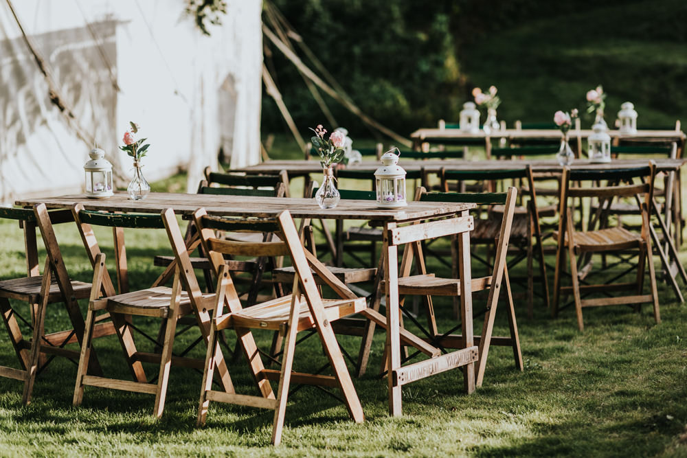 Keeper and The Dell Boho Farm Field Marquee DIY Alternative Outdoor Tables | Relaxed Outdoor Wedding with 1000 Rainbow Origami Cranes Dan Biggins Photography