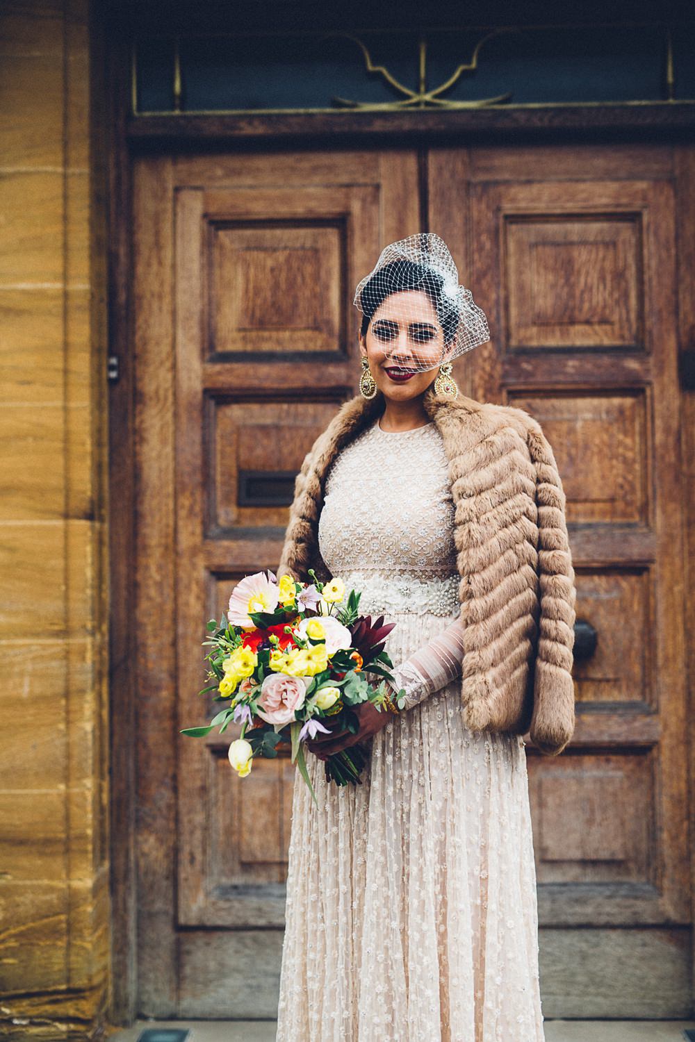 Bride Bridal Ivory Gold Indian Dress Embellished Long Sleeved Birdcage Veil Fur Coat Bouquet MC Motors Wedding LoveStruck Photography