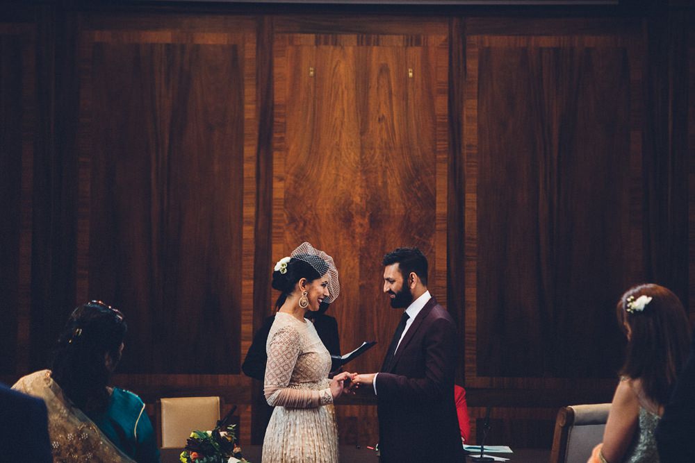 Bride Bridal Ivory Gold Indian Dress Embellished Long Sleeved Birdcage Veil Burberry Ox Blood Burgundy Suit Groom MC Motors Wedding LoveStruck Photography