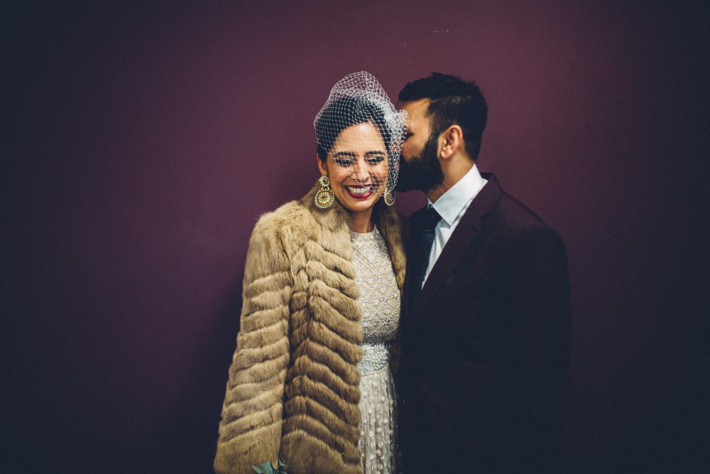 Bride Bridal Ivory Gold Indian Dress Embellished Long Sleeved Birdcage Veil Burberry Ox Blood Burgundy Suit Groom Fur Coat MC Motors Wedding LoveStruck Photography