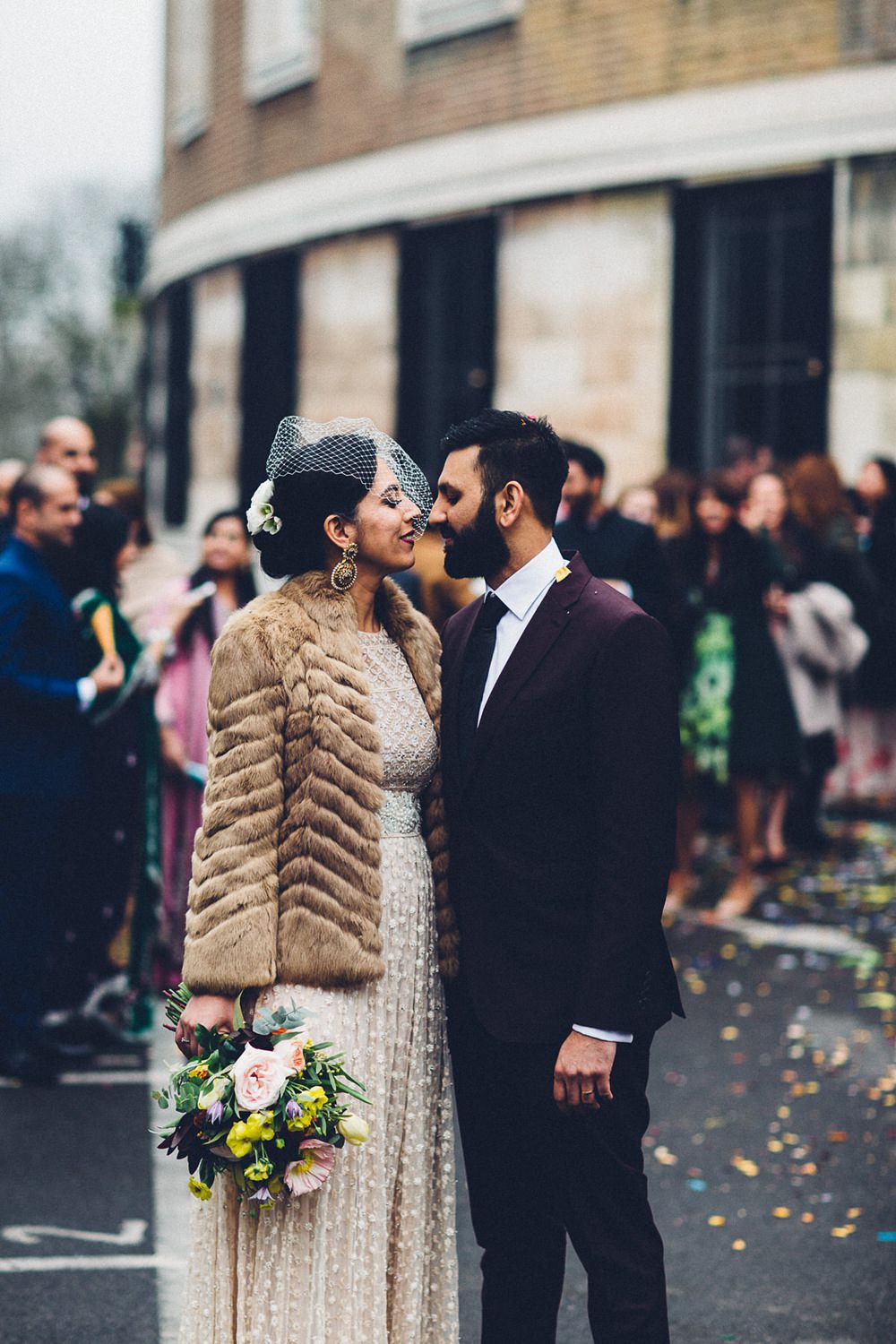 Bride Bridal Ivory Gold Indian Dress Embellished Long Sleeved Birdcage Veil Burberry Ox Blood Burgundy Suit Groom Fur Coat MC Motors Wedding LoveStruck Photography