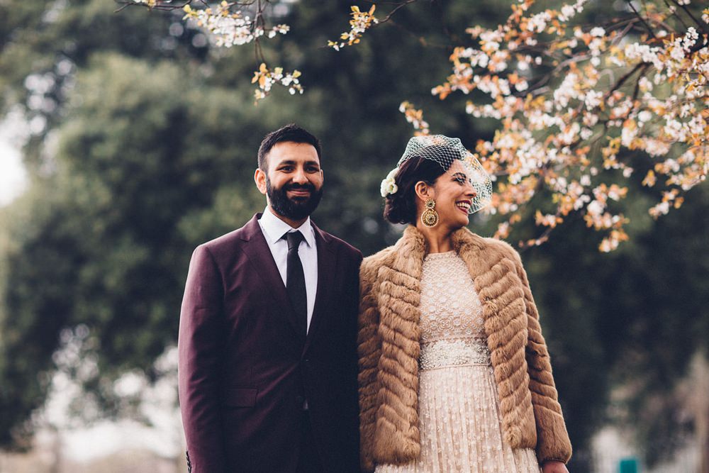 Bride Bridal Ivory Gold Indian Dress Embellished Long Sleeved Birdcage Veil Burberry Ox Blood Burgundy Suit Groom Fur Coat MC Motors Wedding LoveStruck Photography