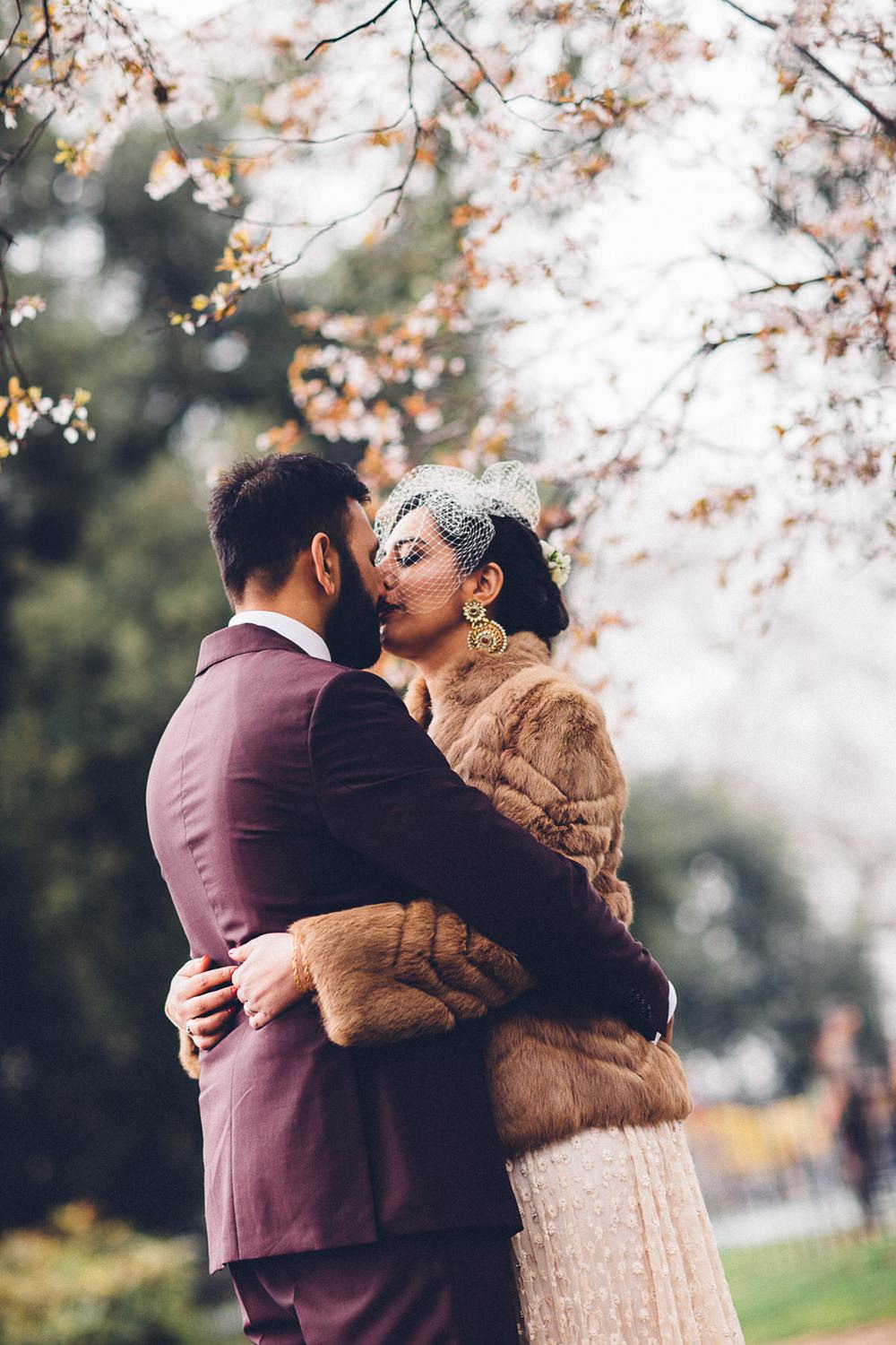 Bride Bridal Ivory Gold Indian Dress Embellished Long Sleeved Birdcage Veil Burberry Ox Blood Burgundy Suit Groom MC Motors Wedding LoveStruck Photography