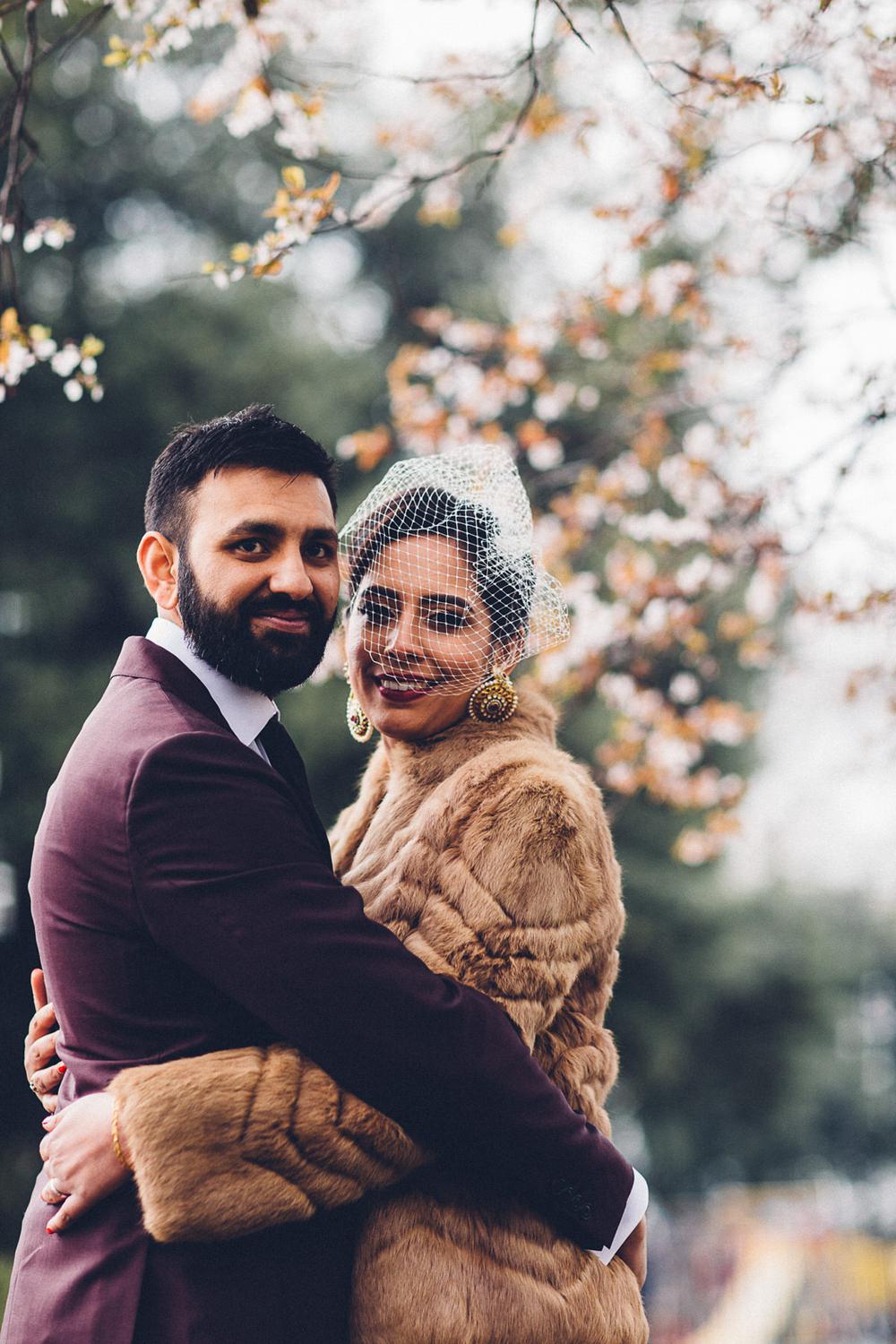 Bride Bridal Ivory Gold Indian Dress Embellished Long Sleeved Birdcage Veil Burberry Ox Blood Burgundy Suit Groom Fur Coat MC Motors Wedding LoveStruck Photography