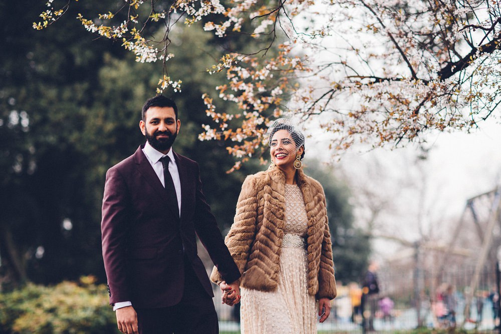 Bride Bridal Ivory Gold Indian Dress Embellished Long Sleeved Birdcage Veil Burberry Ox Blood Burgundy Suit Groom Fur Coat MC Motors Wedding LoveStruck Photography