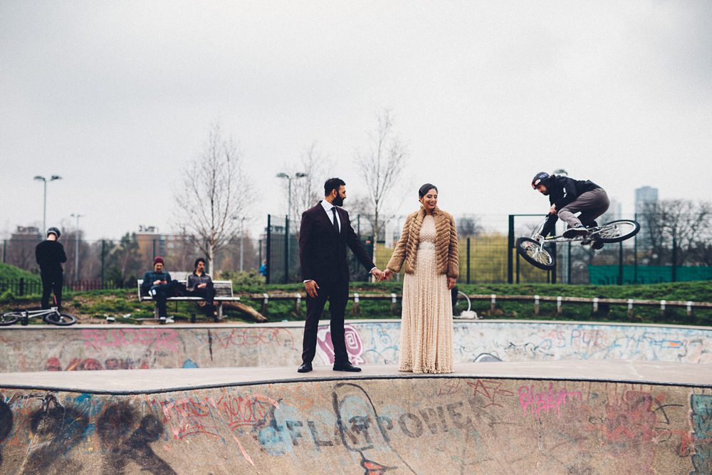 Bride Bridal Ivory Gold Indian Dress Embellished Long Sleeved Birdcage Veil Burberry Ox Blood Burgundy Suit Groom Fur Coat Skate Park MC Motors Wedding LoveStruck Photography