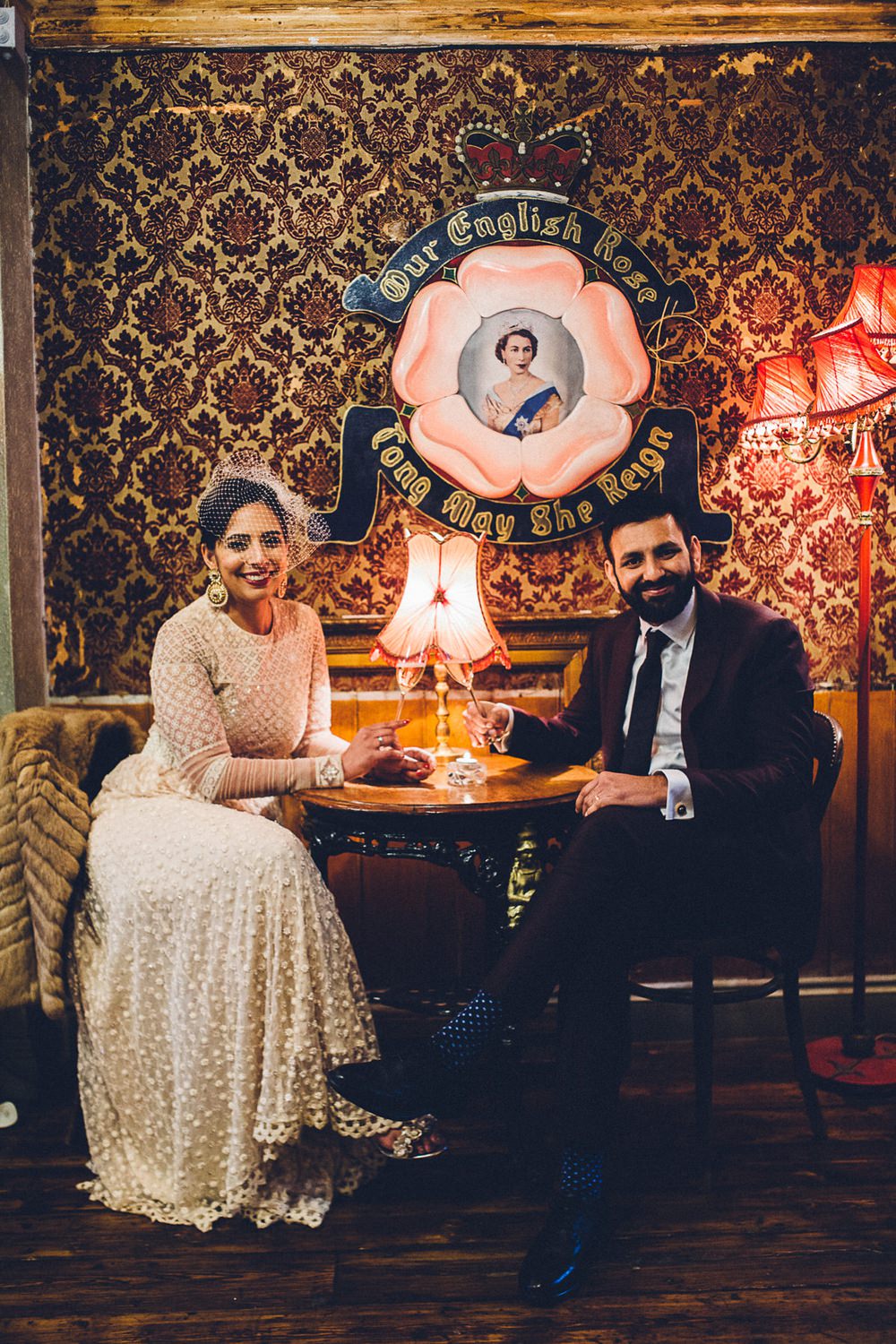 Bride Bridal Ivory Gold Indian Dress Embellished Long Sleeved Birdcage Veil Burberry Ox Blood Burgundy Suit Groom MC Motors Wedding LoveStruck Photography