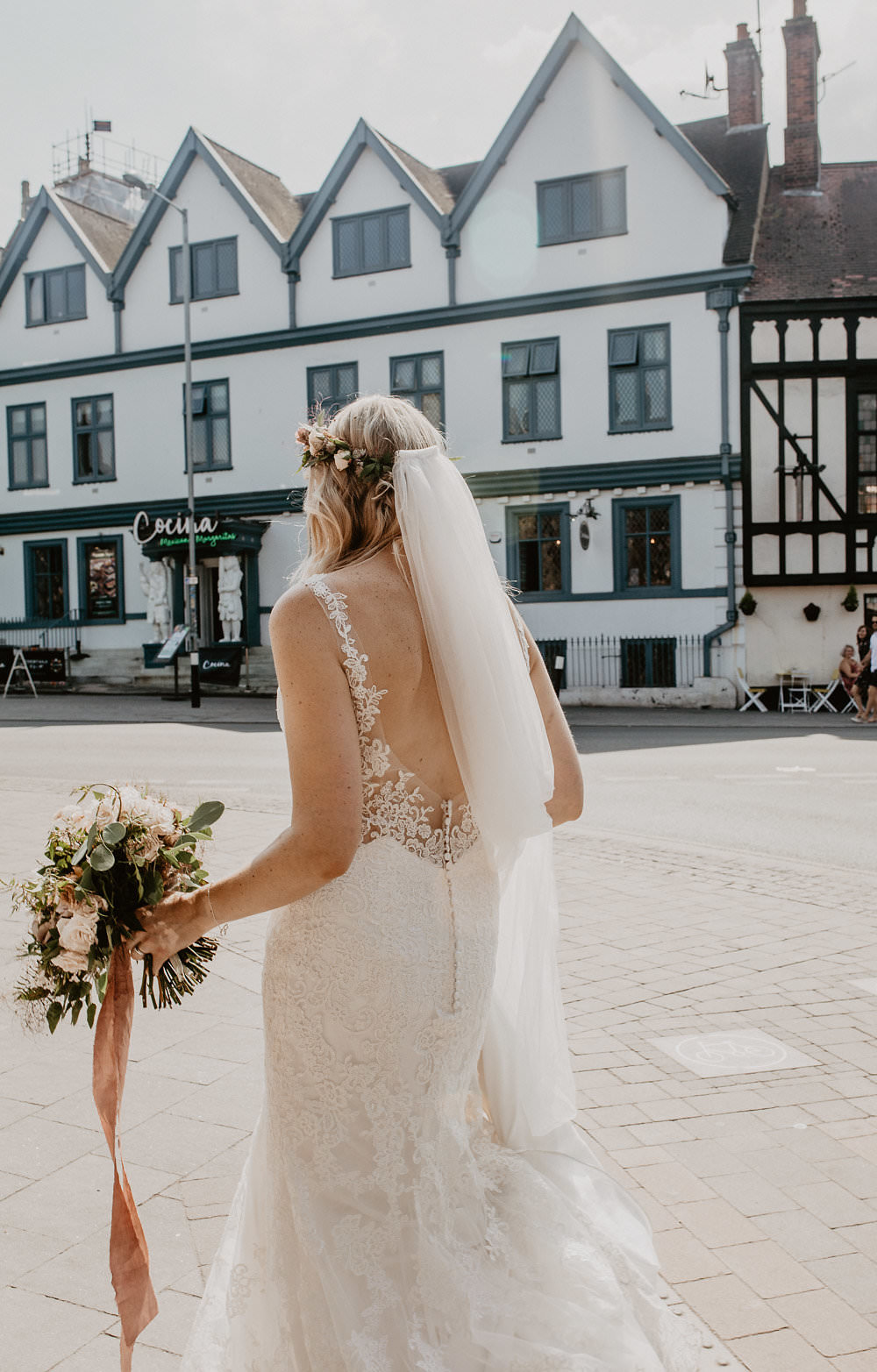 Bride Bridal Dress Gown Straps Lace Fit Flare Mori Lee Sheer Low Back Veil Norwich Cathedral Wedding Camilla Andrea Photography