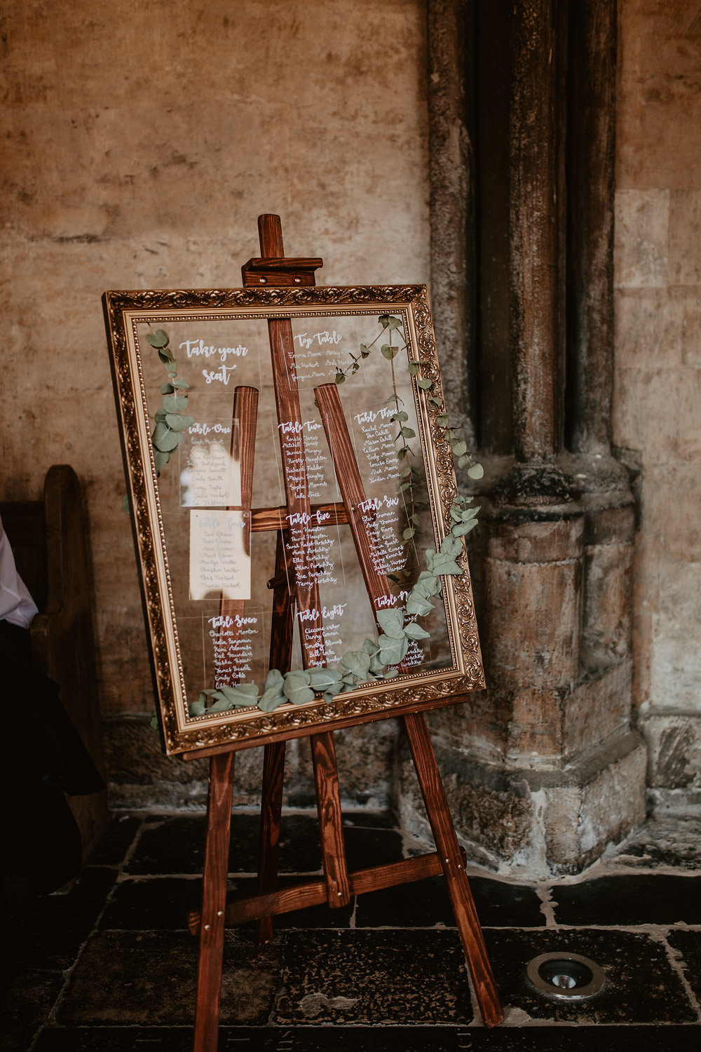 Glass Perspex Acrylic Sign Signage Stationery Calligraphy Greenery Easel Saeting Plan Table Chart Norwich Cathedral Wedding Camilla Andrea Photography